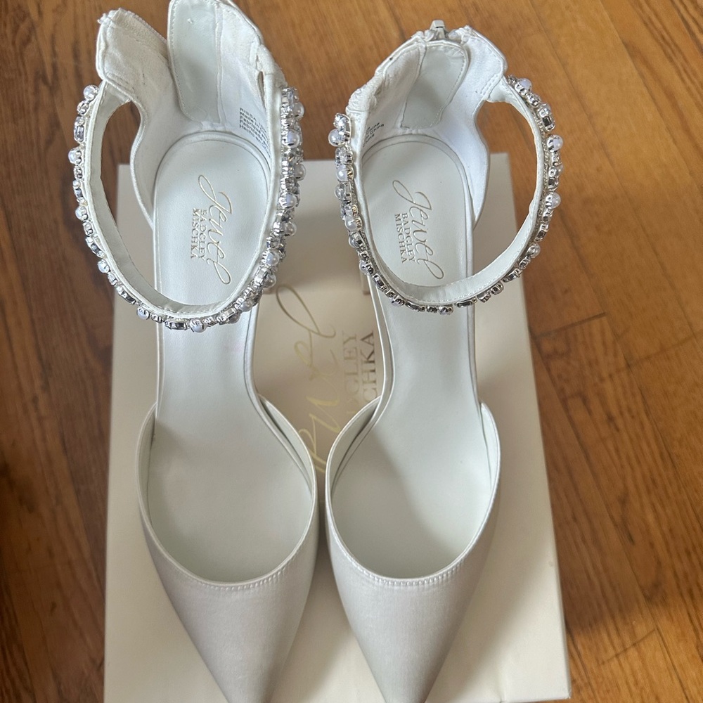 Badgley Mischka Cream Satin Heels with Rhinestone Accents